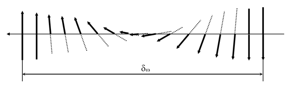 Рис.6. Изменения ориентации атомных магнитных моментов внутри доменной стенки (dw - толщина доменной стенки).